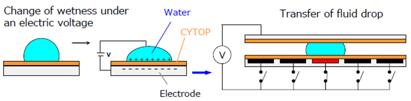The contact angle, or “wettability,” is changed by assigning the negative electrode on the substrate side of the biochip made of inorganic glass substrate and the positive electrode on the liquid side, and applying a voltage to change the surface tension of the liquid, surface tension of the solid, and the interfacial tension between the solid and the liquid. This controls the movement of the liquid, enabling dynamic control.